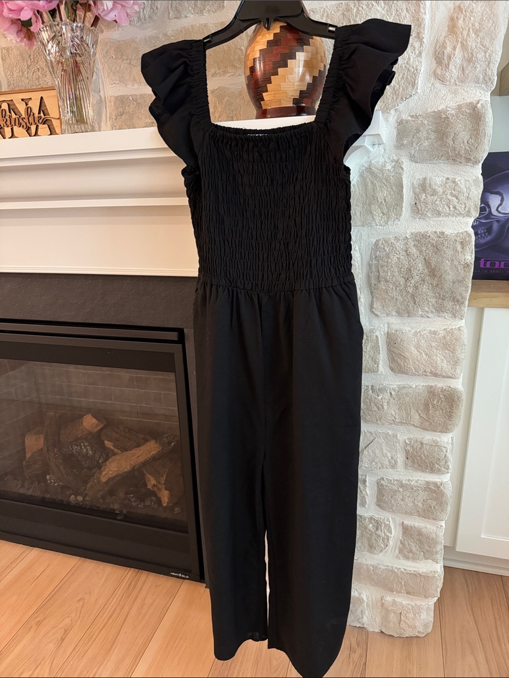 Mud Pie Black Smocked Jumpsuit with Ruffle Shoulder Straps